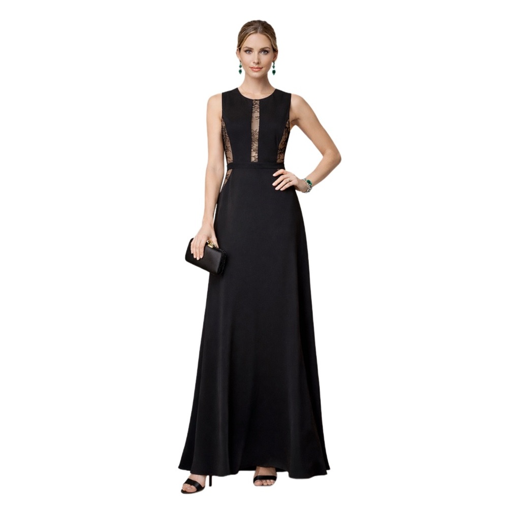 BCBGMaxAzria Sleeveless Black Lace Panel Floor Length Evening Gown‎ Size 2